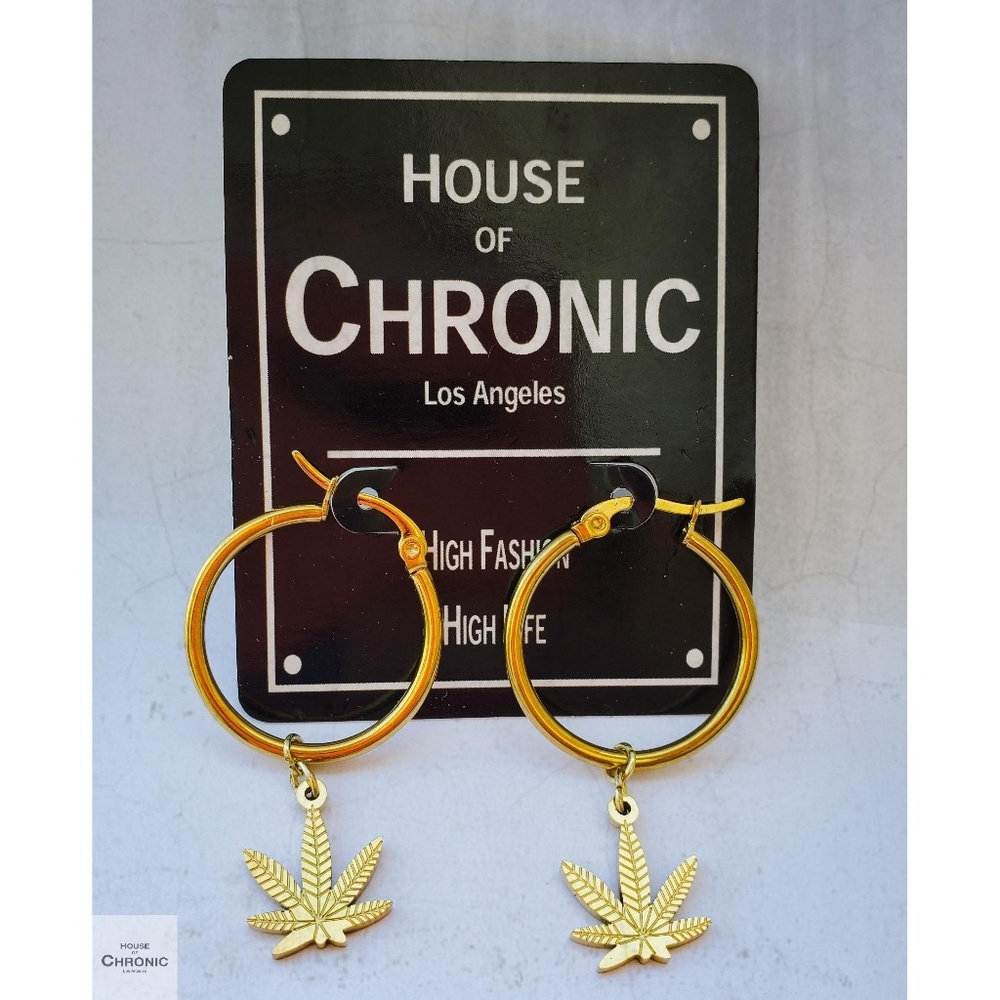 "Bella Babe" Gold Cannabis Weed Leaf Hoop Earrings